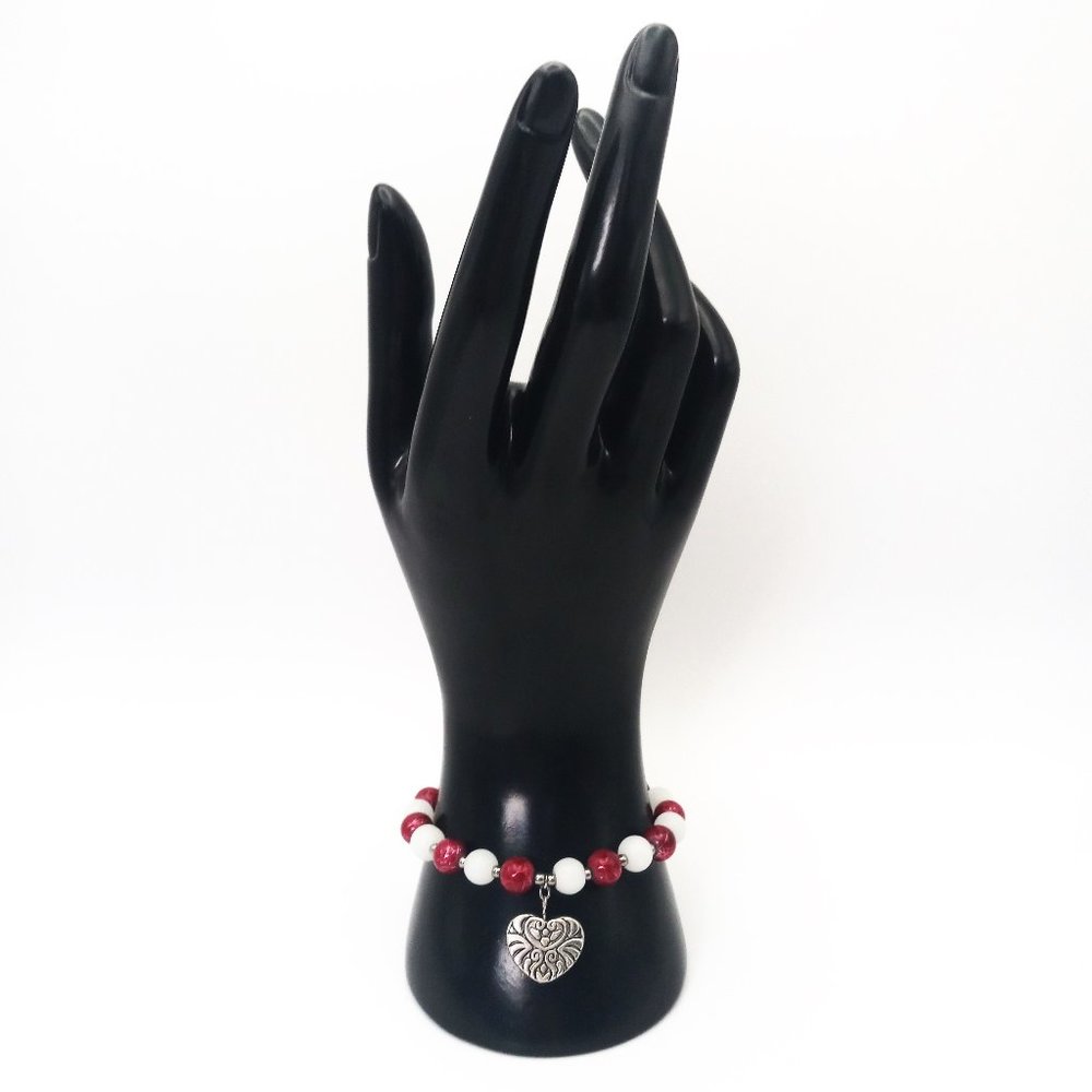 Red White Heart Love Beaded Bracelet Valentine's Day Handmade Jewelry